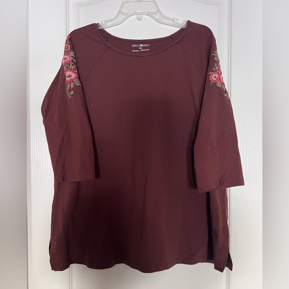 April Cornell Chocolate Brown Top with Floral Embroidery Cotton Blend XXL New